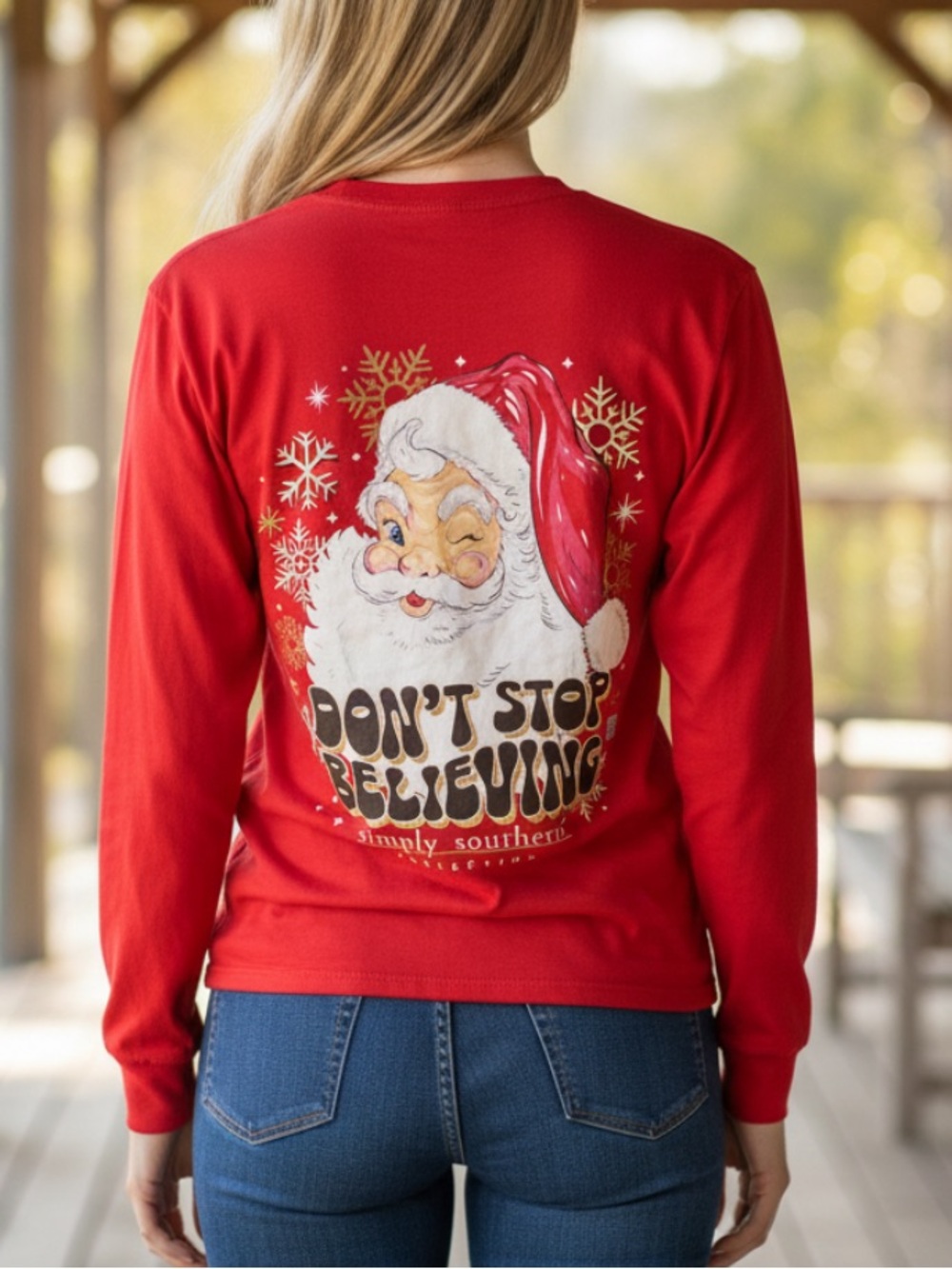 Simply Southern Red Long-Sleeve Holiday Santa Tee with Sleeve Logo